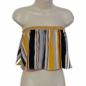 Blue Blush Striped Strapless Crop Top Pullover Yellow Blue White Medium Stretchy